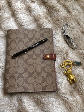 Auth Coach Brown Signature Leather Notebook w/ Authentic Repurposed Charms + Pen